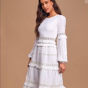 Prairie On White Long Sleeve Tiered Ruffle Midi